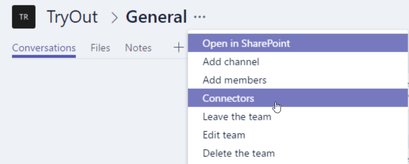 Create connector in Micrsoft Team channel